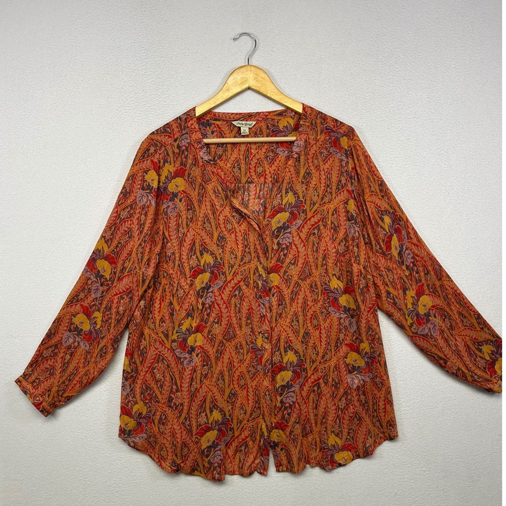 Boho Peasant Lucky Brand Womens 1X Orange Paisley Floral Button Front Blouse